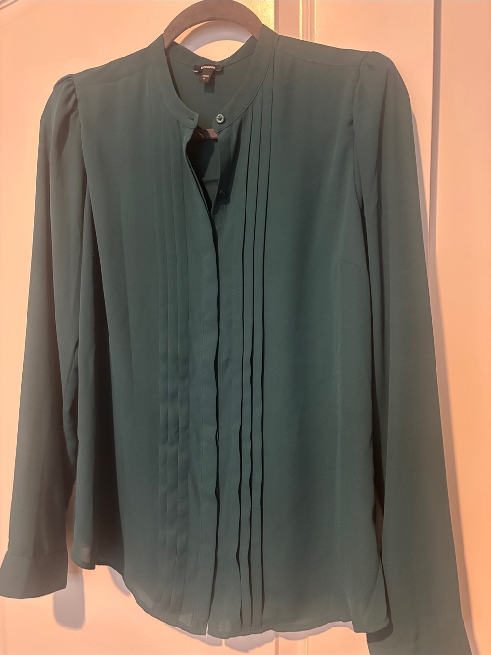 Express Dark Teal Pintuck Long-Sleeve Blouse